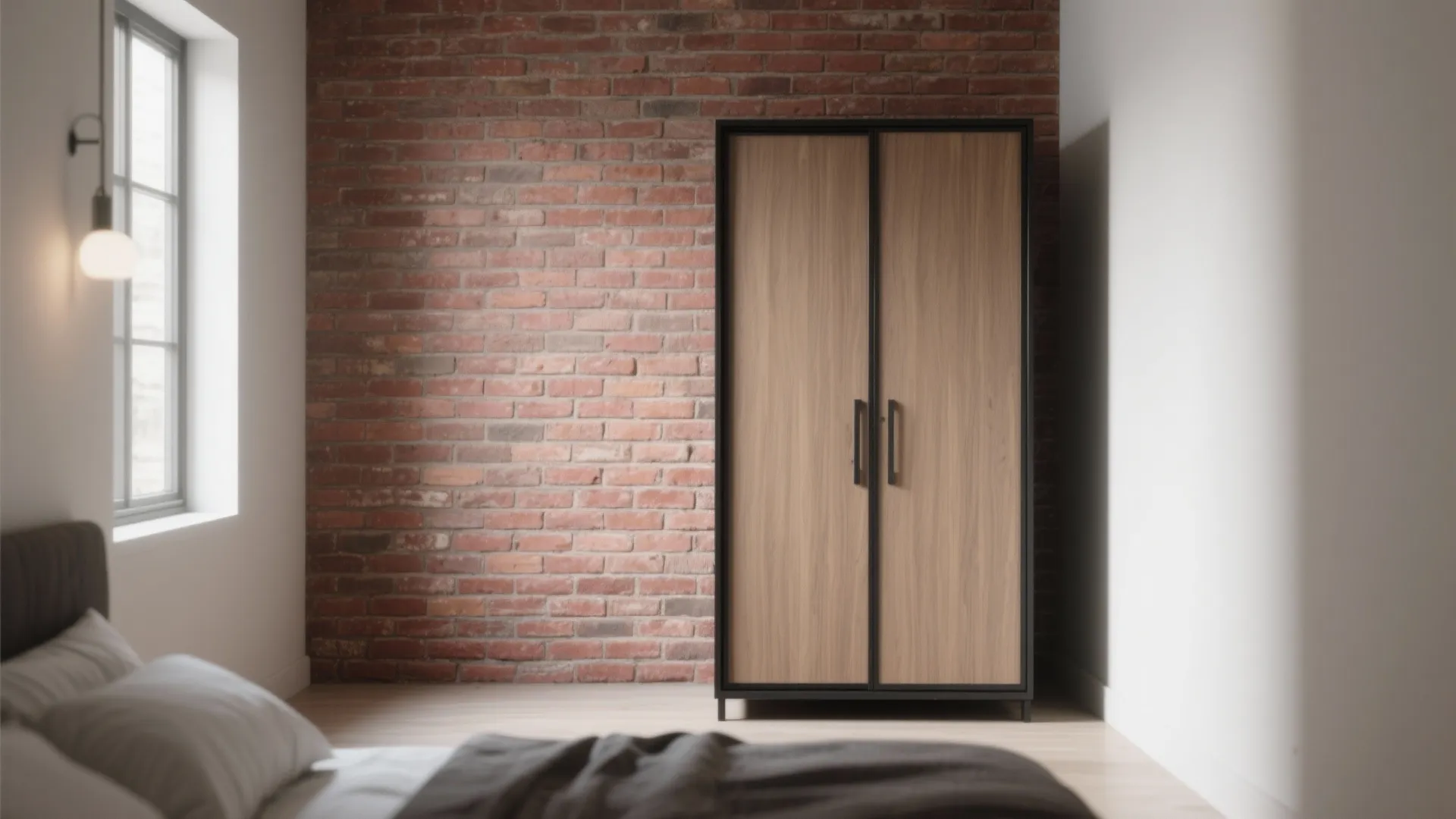 Slim matte black framed almirah receding against sealed exposed brick in a small modern bedroom.