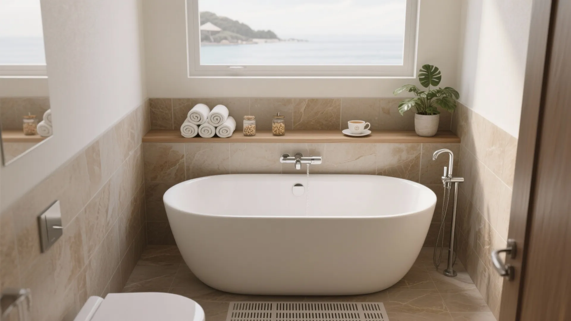 Modern white bathtub in a marble tiled bathroom with a window view and green plant