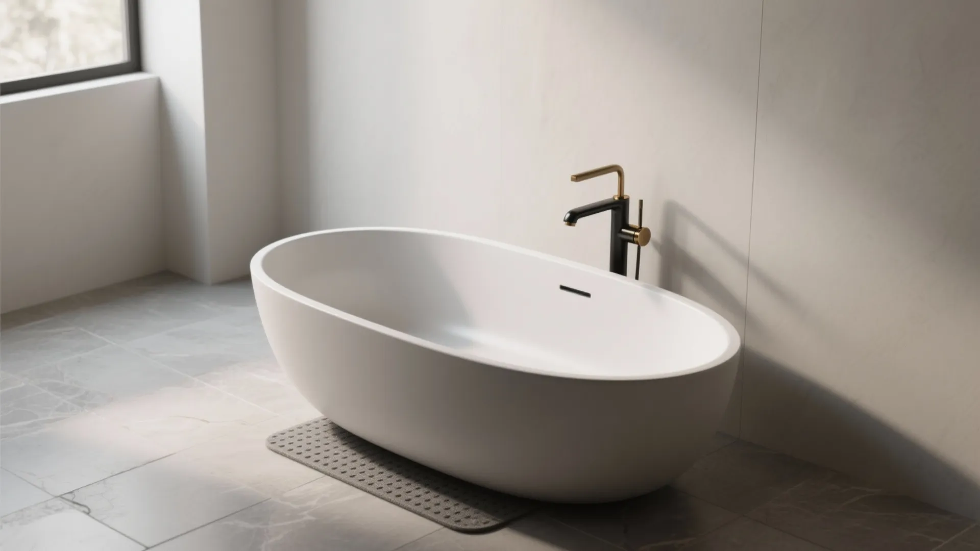 White oval bathtub with black and gold water tap in minimalist bathroom with grey floor