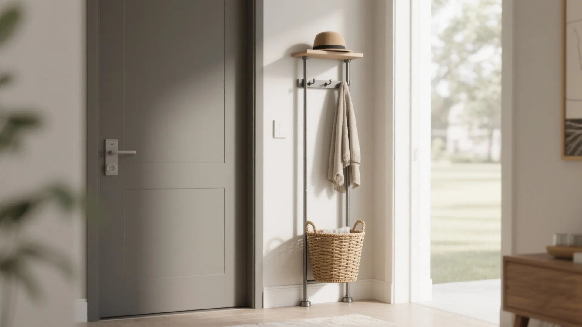 3. Slim freestanding rack with integrated storage