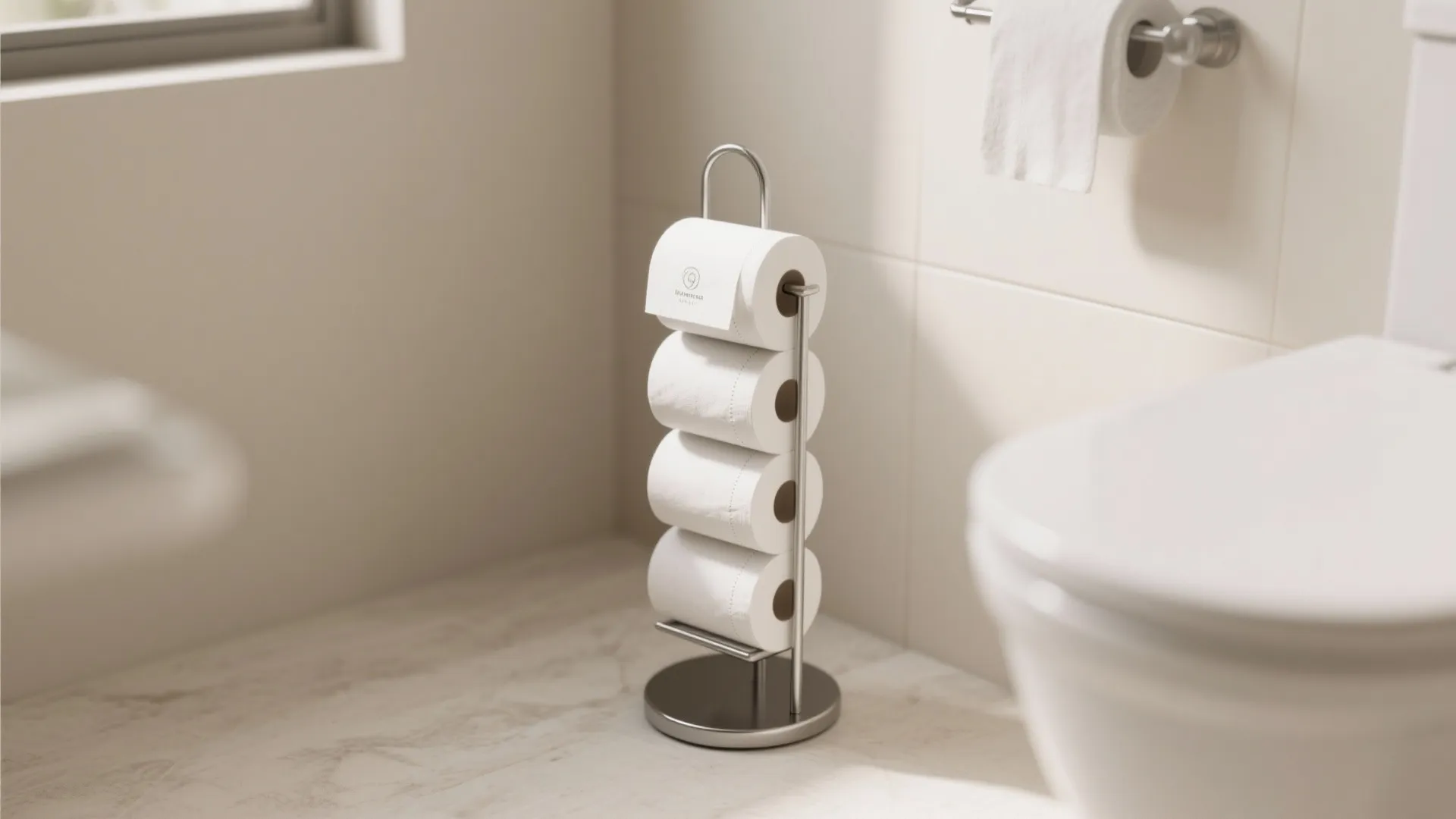 Silver metal freestanding toilet paper stand holding four rolls on a marble floor in bathroom
