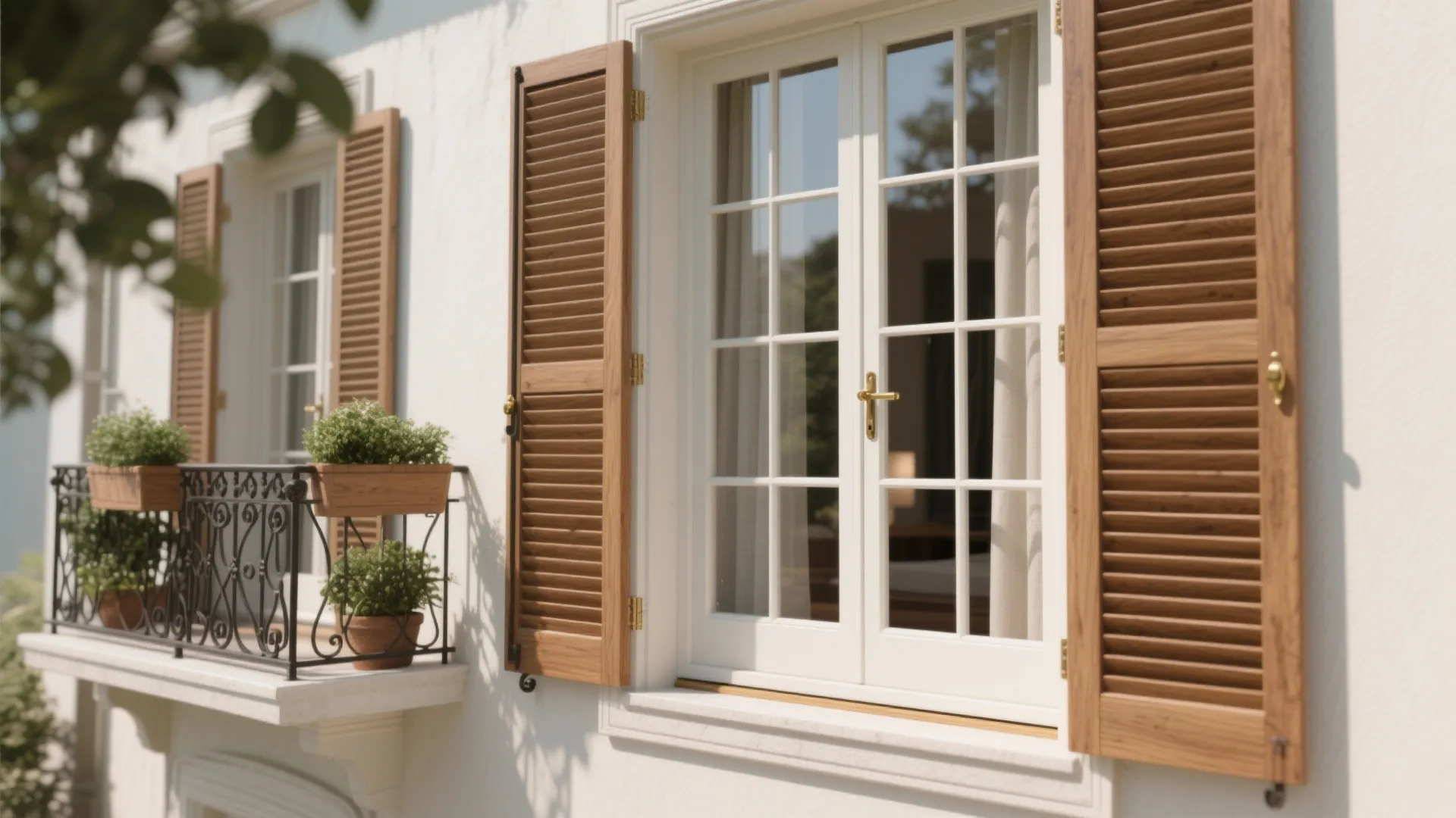 White window with wooden shutters and a small balcony featuring green plants in potted boxes