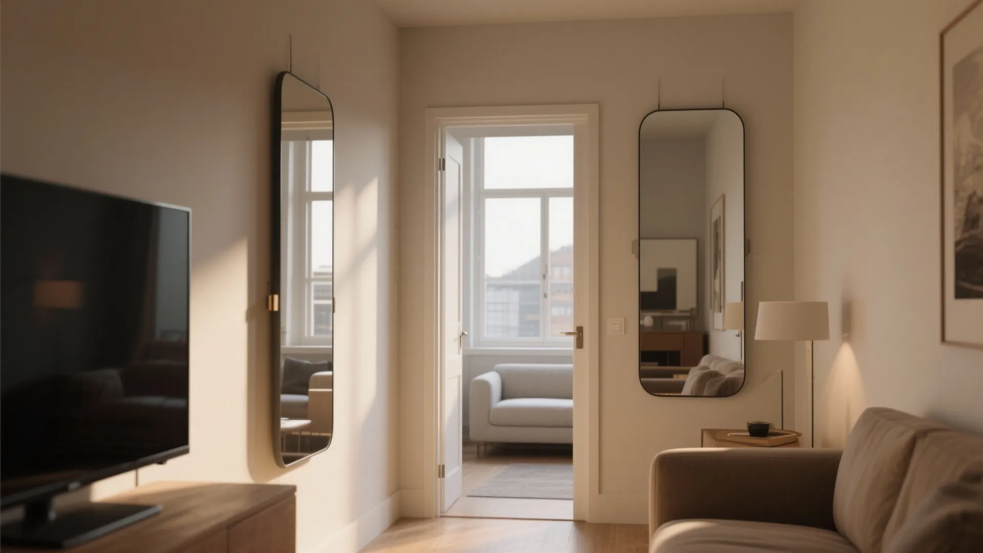 Two tall black framed mirrors hanging on a wall in a bright living room with sofa
