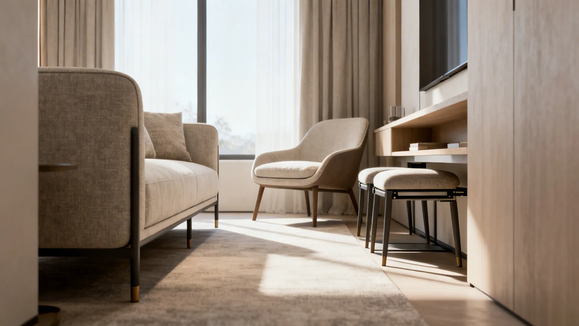 Narrow living room with streamlined loveseat and armless chair showing clear walkways