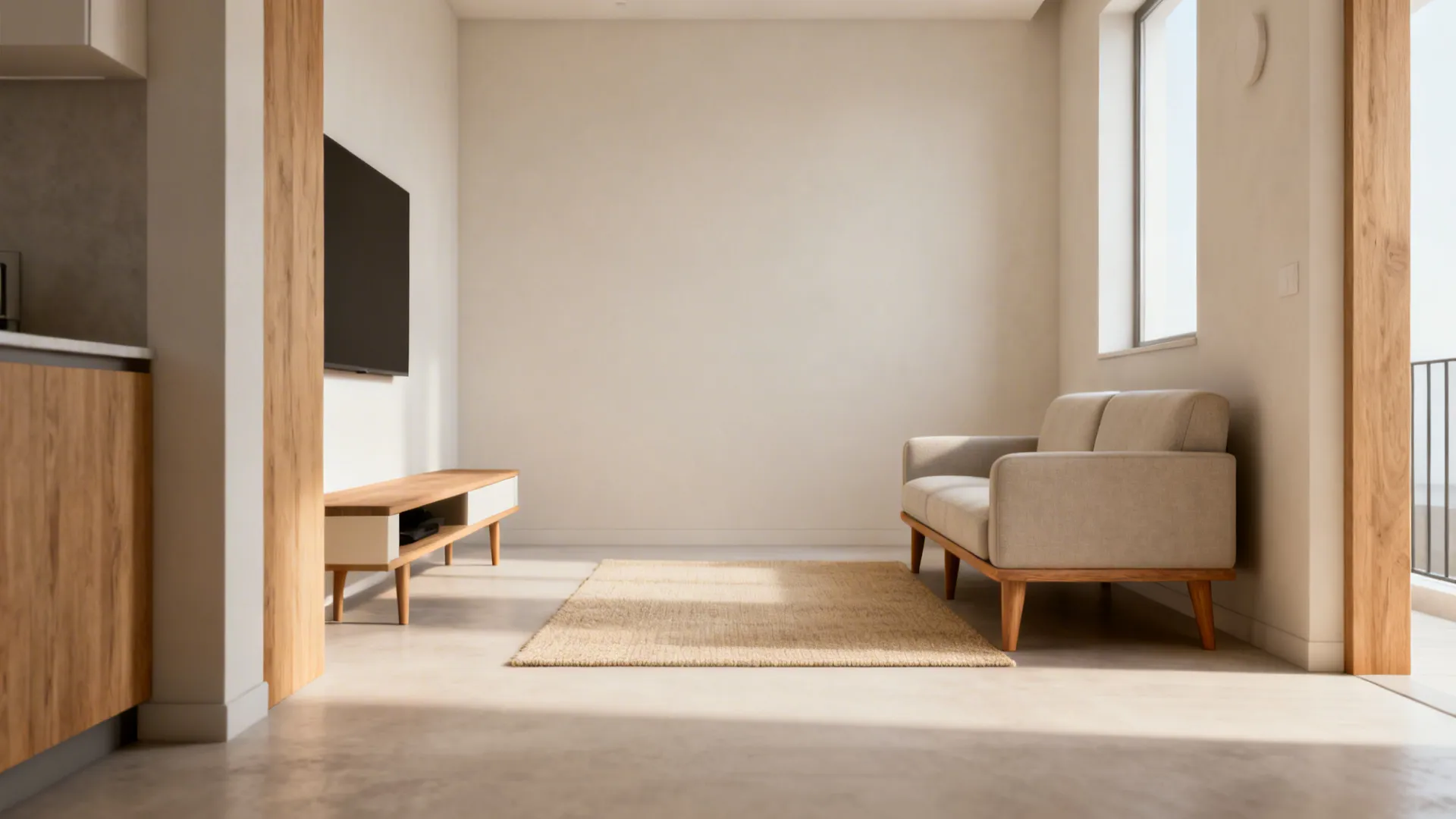 Small living room with a slim raised-leg sofa, narrow bench, and airy floor space.