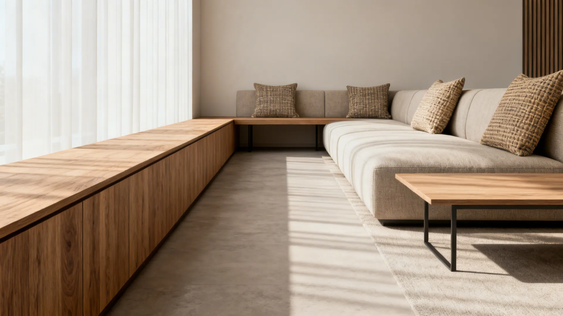 Narrow-profile sofa and slim console in a long living room keeping circulation clear.