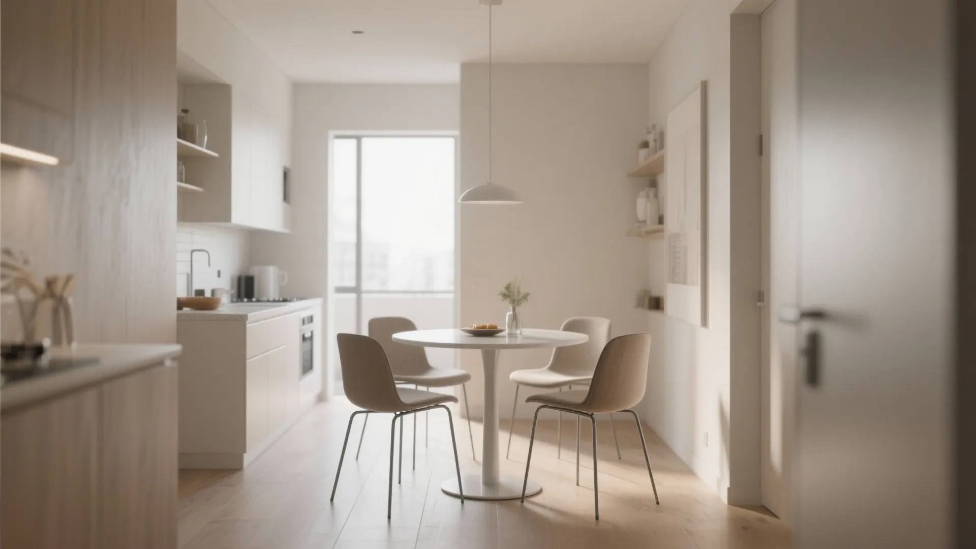 Minimalist dining room with white round table four slim chairs wooden floor and simple light fixture