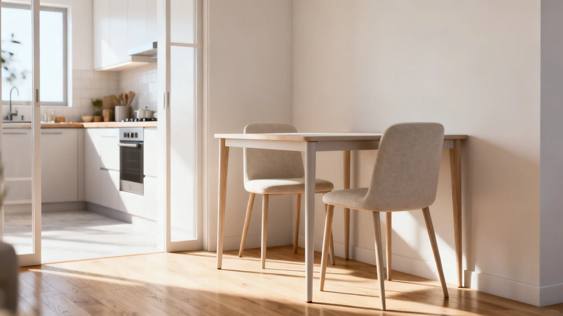 Small dining area with slim-profile furniture that creates open sightlines and visual space.