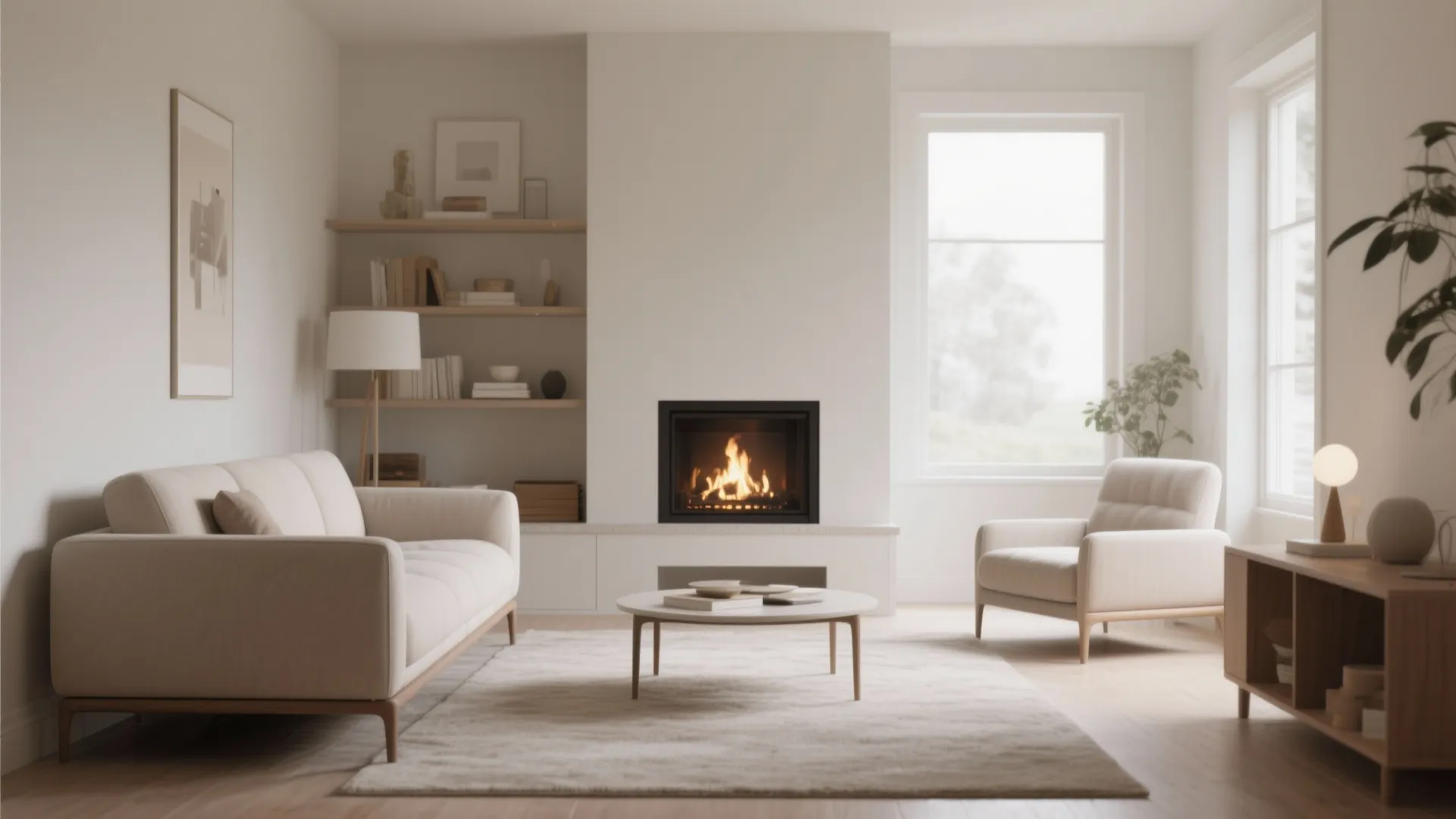Slimline sofa facing fireplace in small living space