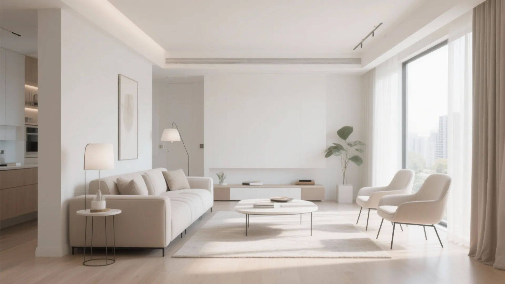 Narrow rectangular living room with slim furniture for airy feel