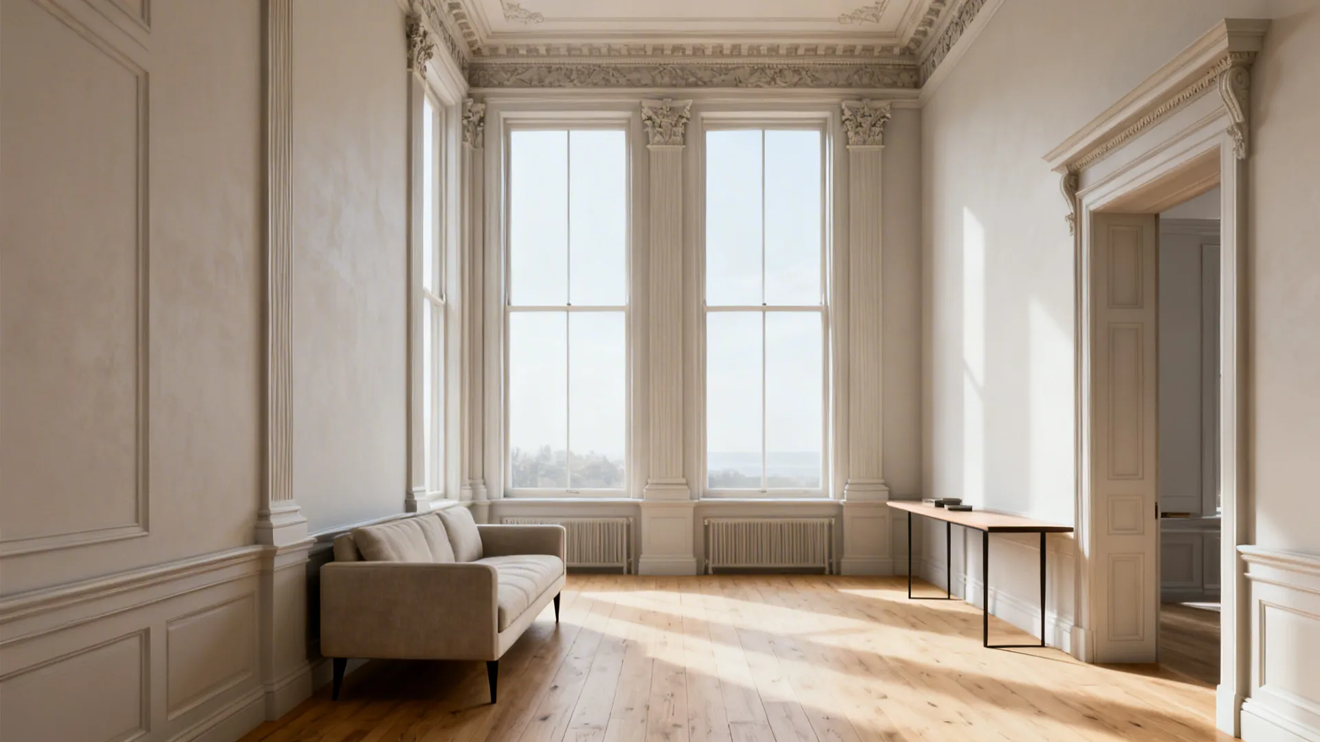 Narrow Victorian sitting room using slim-leg furniture to maintain sightlines and respect tall proportions.
