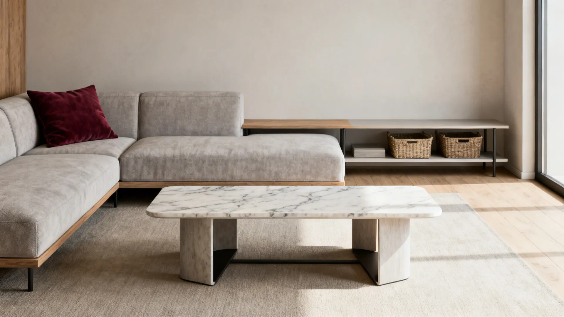 Small living room with low-profile sofa and narrow marble coffee table to maximize space.