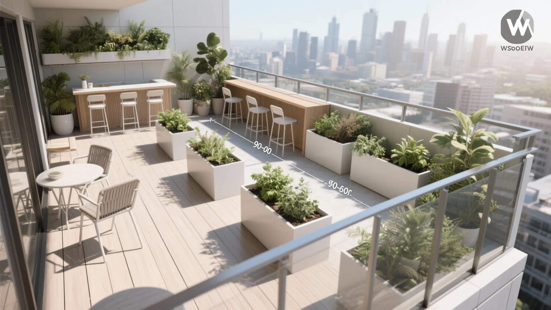 Layered planters and slim furniture to keep circulation clear