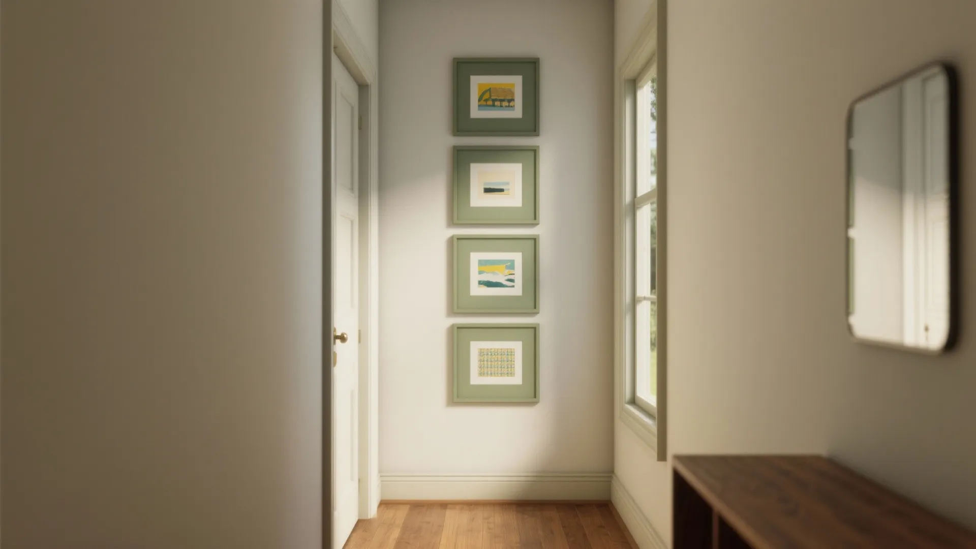 Narrow vertical gallery of 3–5 same-color frames between a door and window, minimalist and curated.