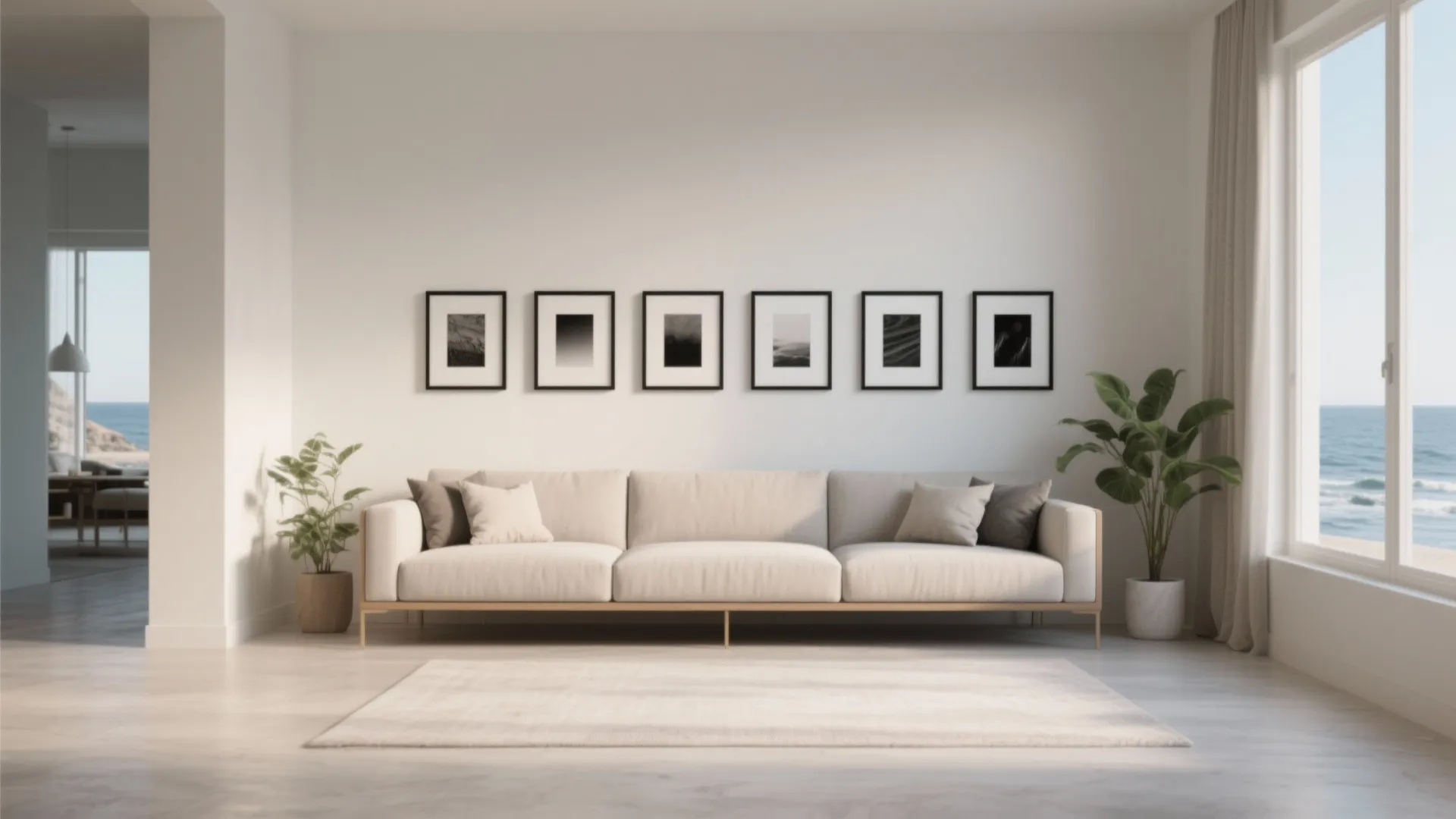 Narrow living area with a slim horizontal gallery strip of uniform frames hung above a sofa, illustrating consistent spacing.