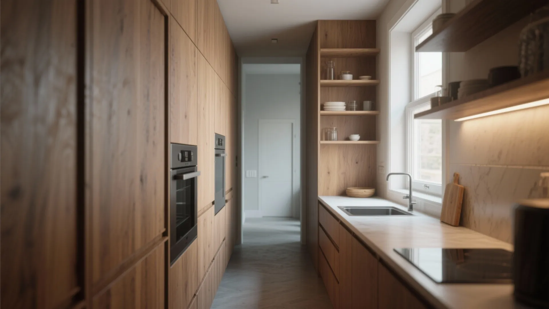 Narrow galley kitchen with tall cabinets, slim drawers and warm wood tones.