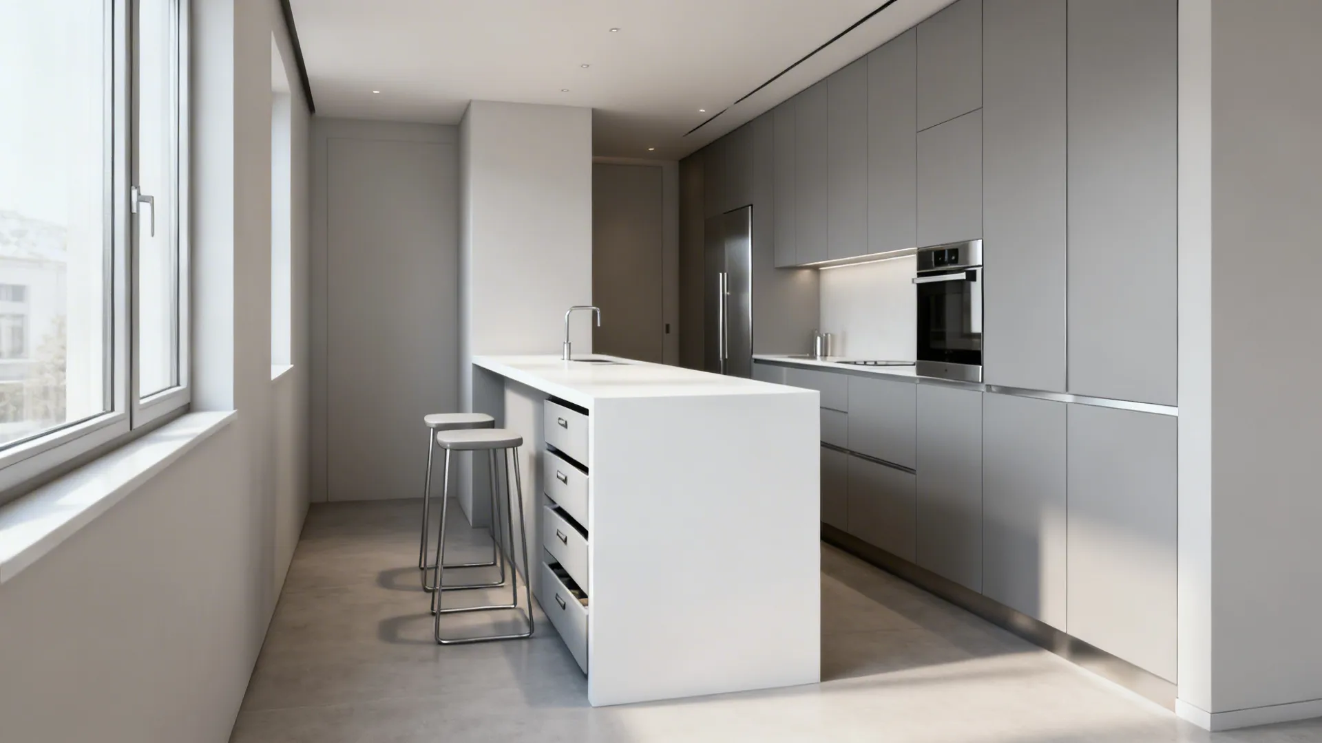 Slim galley kitchen with a minimalist breakfast bar and integrated drawers in soft daylight.