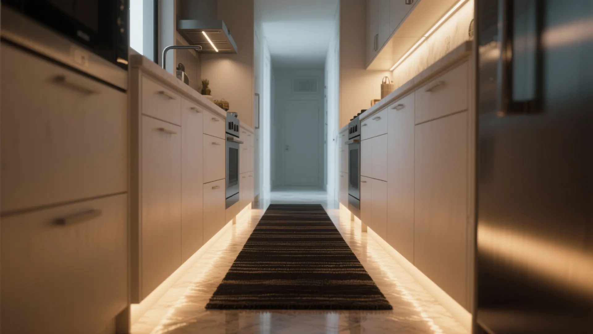 Narrow galley kitchen with white cabinets a black striped rug and warm under cabinet lighting