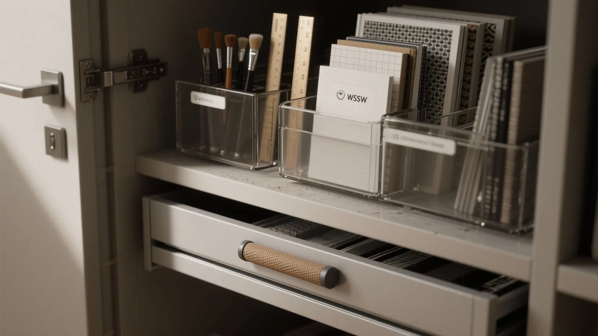 Cabinet shelf with clear storage boxes for brushes and paper above an open storage drawer
