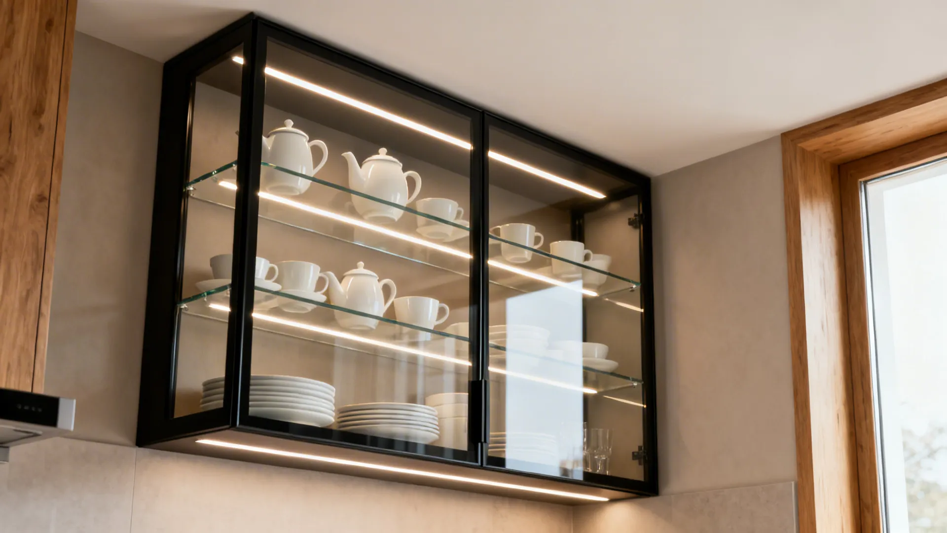 Slim black-framed glass crockery cabinet with warm LED lighting displaying white tea sets.