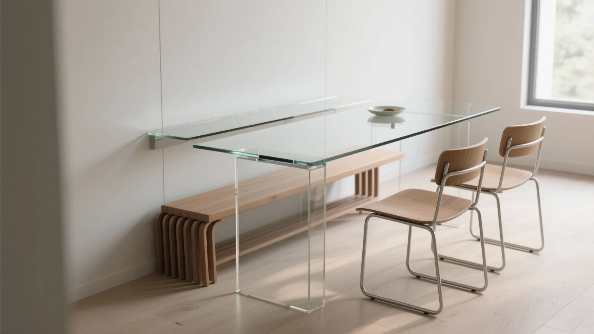 2. Slim Rectangular Glass Table Against a Wall