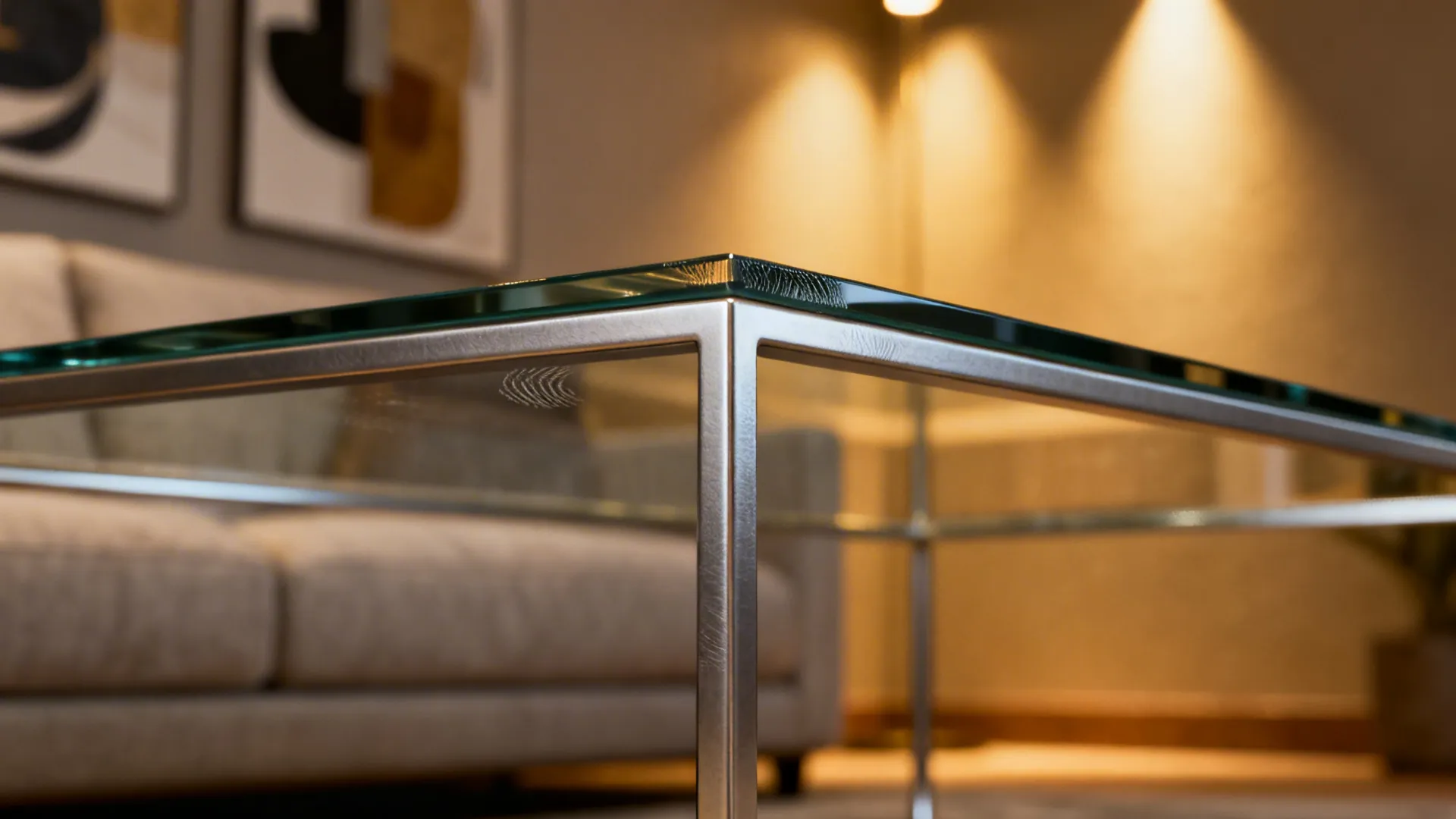 Close-up of slim tempered glass top and matte metal frame showing edge and reflections