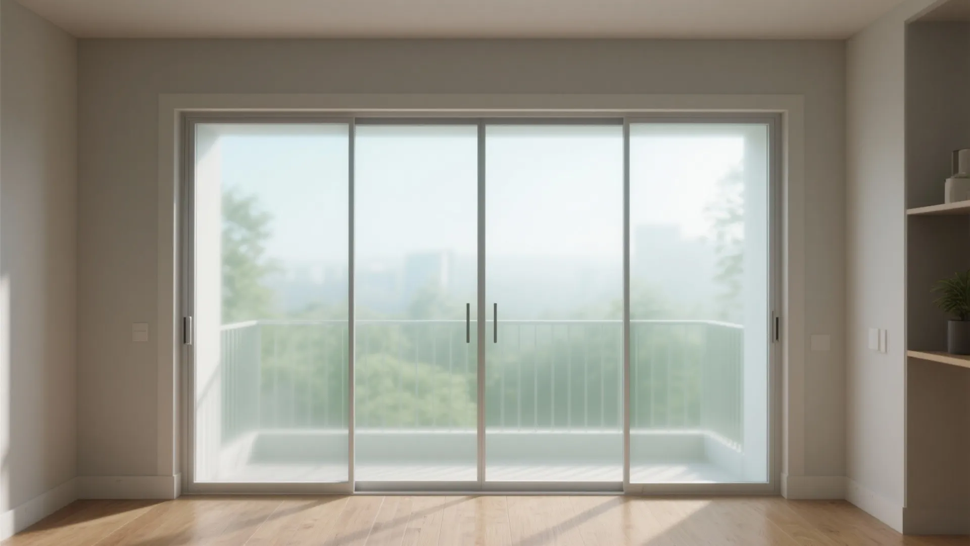 Modern sliding glass door with slim metal frames opening to a balcony with green trees