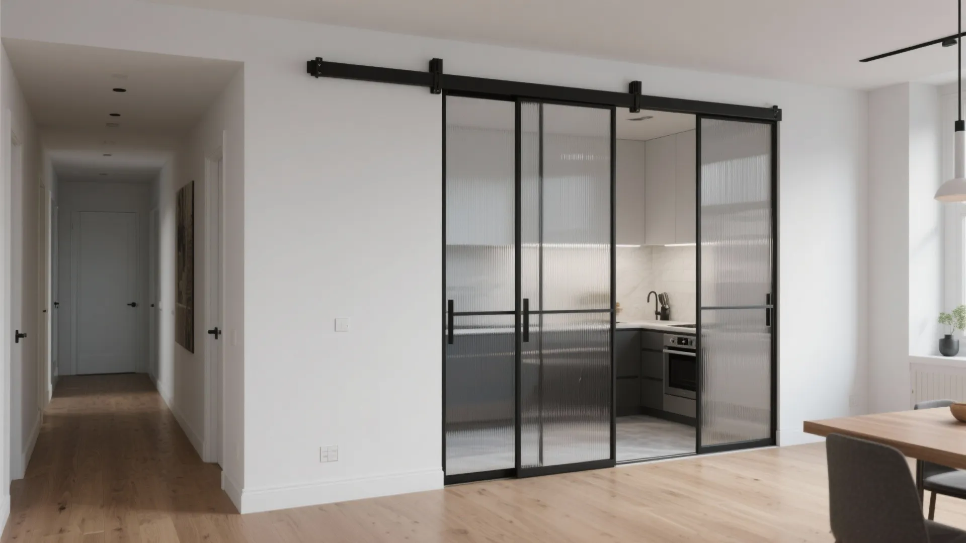 Slim-framed sliding glass partition design for hall and kitchen with matte black profiles and reeded glass.