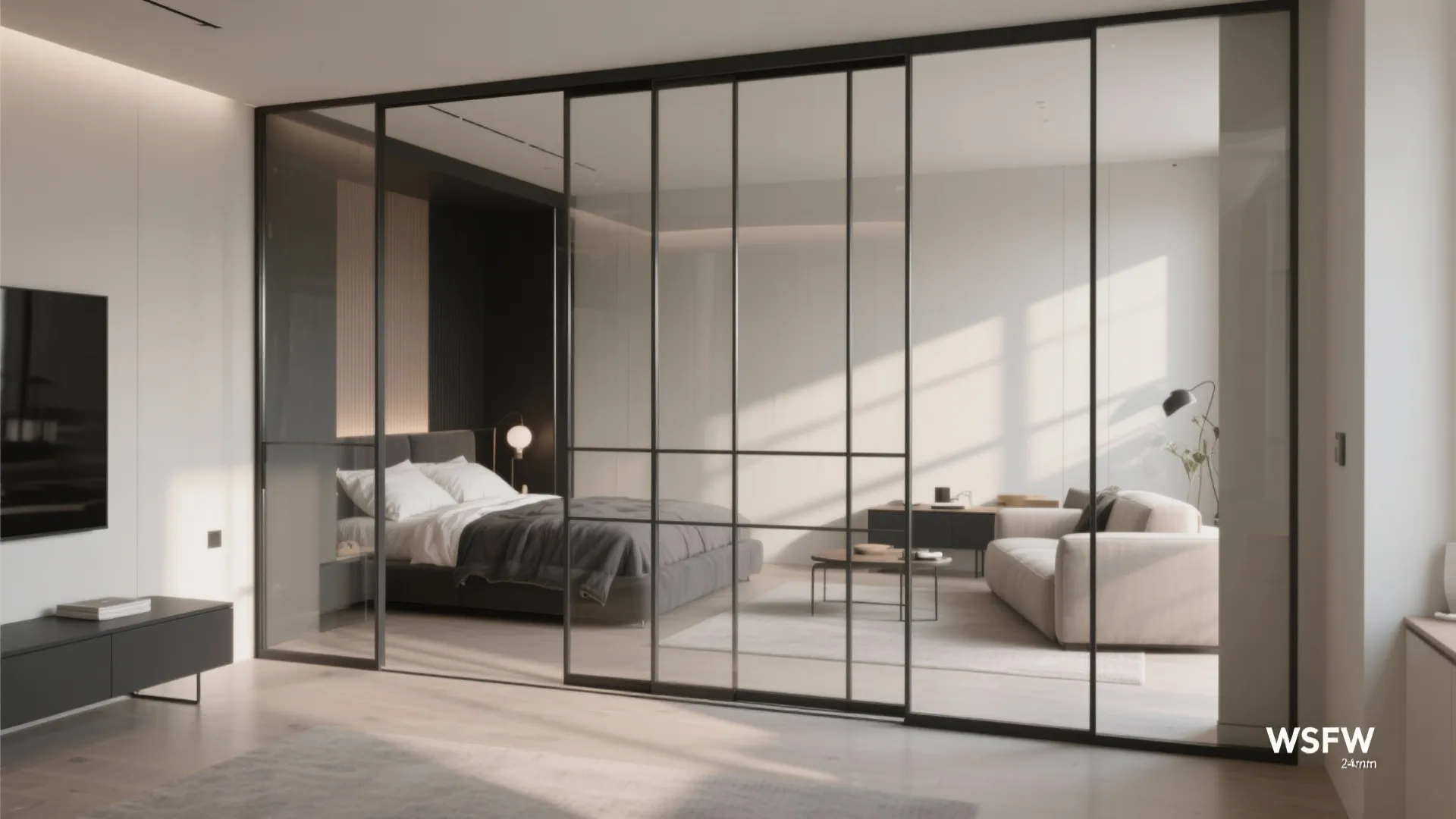 Modern bedroom with black slim glass partition wall separating a cozy bed and living area