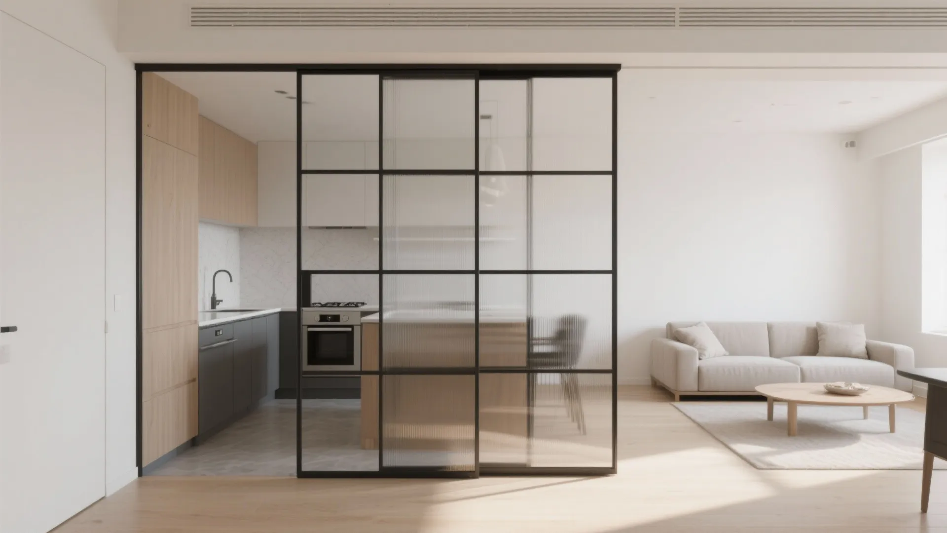 Modern kitchen and living room separated by a black metal frame glass sliding door partition