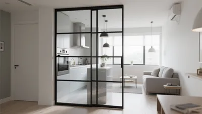 Modern Kitchen & Living Room with Glass Partition Design