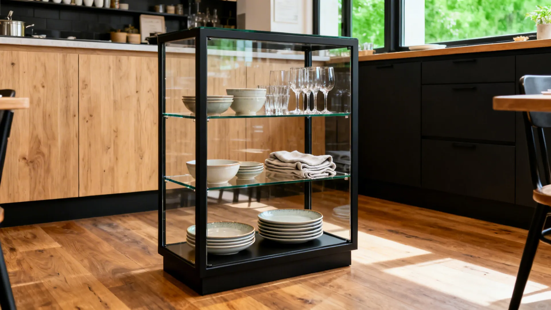 1) Slim Glass-Framed Partition with Display Shelves