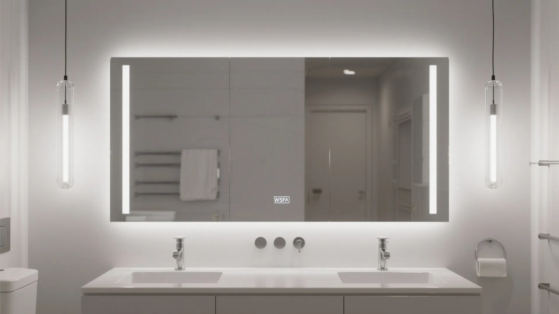 Clear glass pendants framing a bathroom vanity mirror