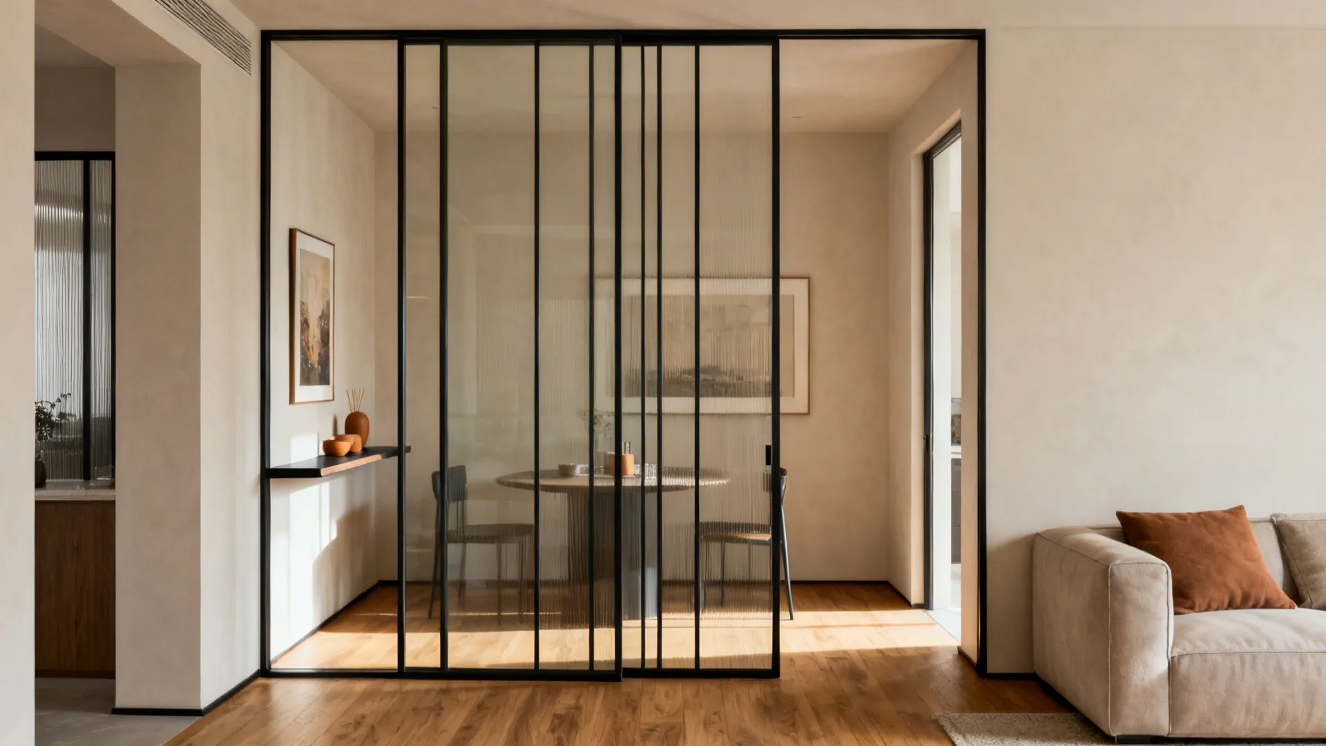 Slim black mullion glass partition separating a lounge and dining nook with open sightlines.