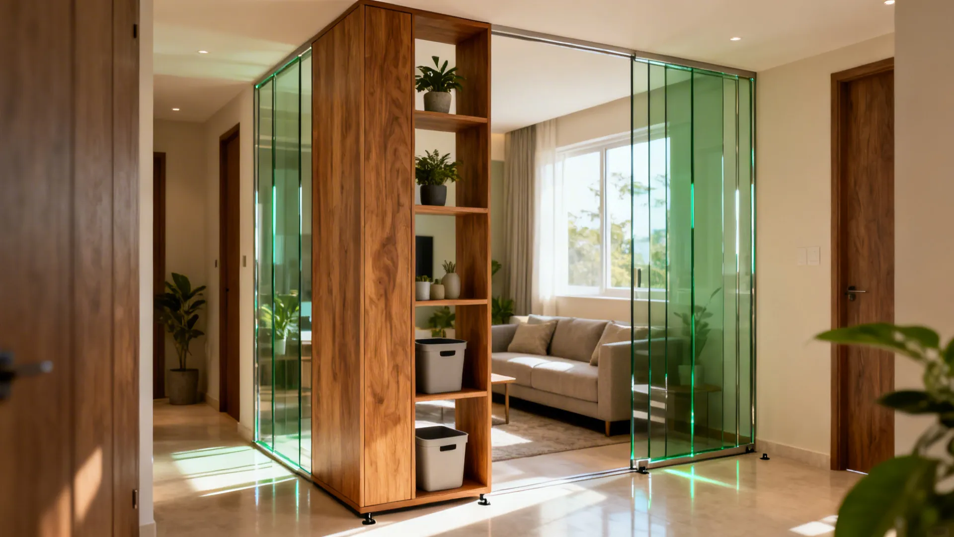 Modern living room featuring a green glass partition, wooden bookshelf, grey sofa, and natural light