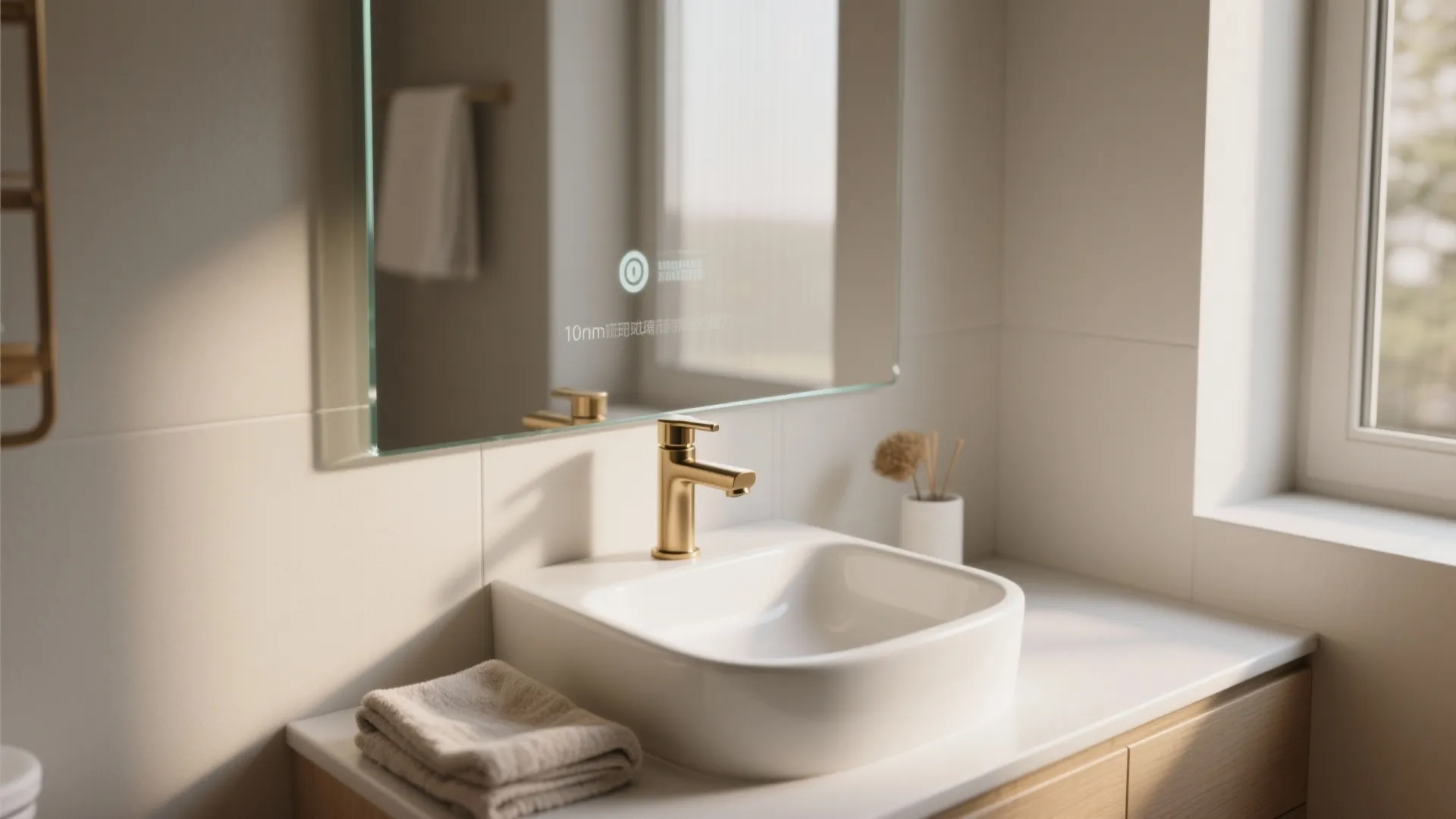Bathroom interior with gold water tap square white sink large mirror and folded grey hand towel