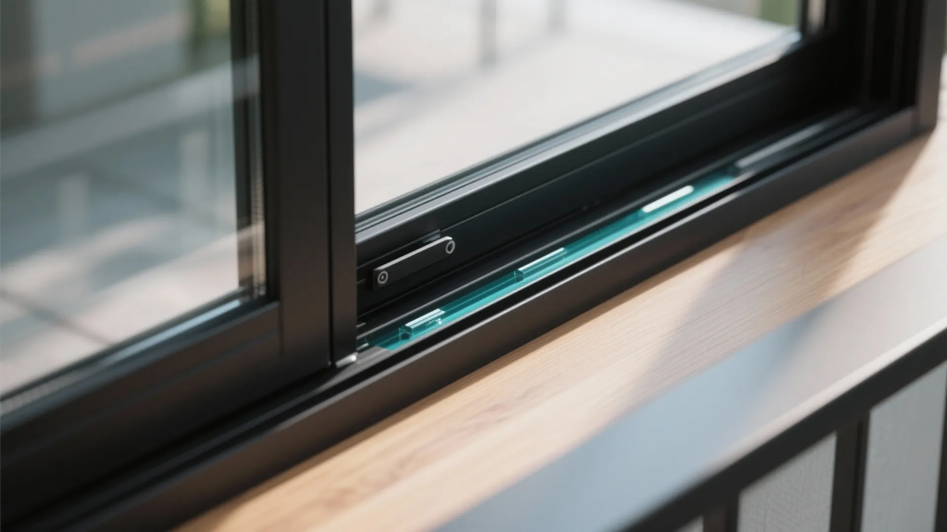 Close up of a black sliding window track system installed on a light wood ledge