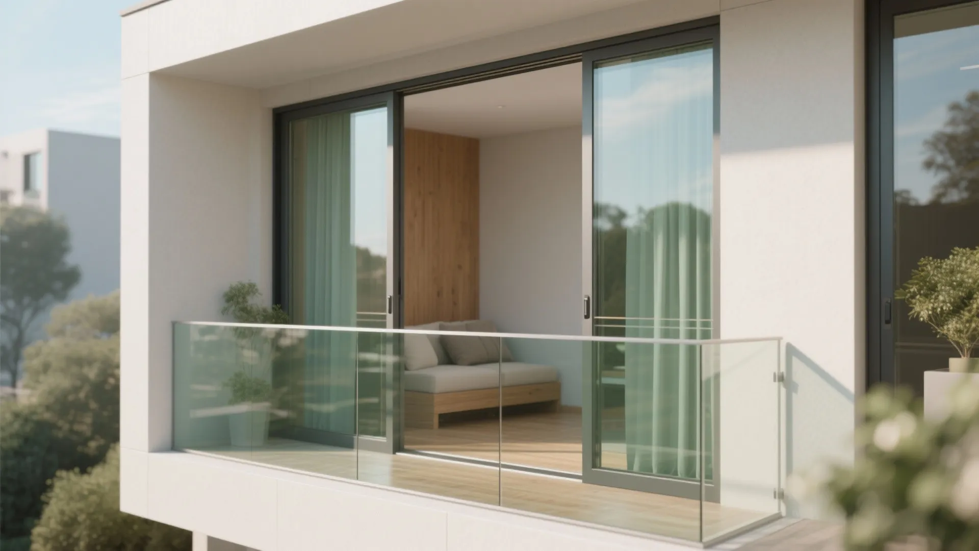 External view of apartment balcony with glass railing large sliding windows and cozy sofa inside