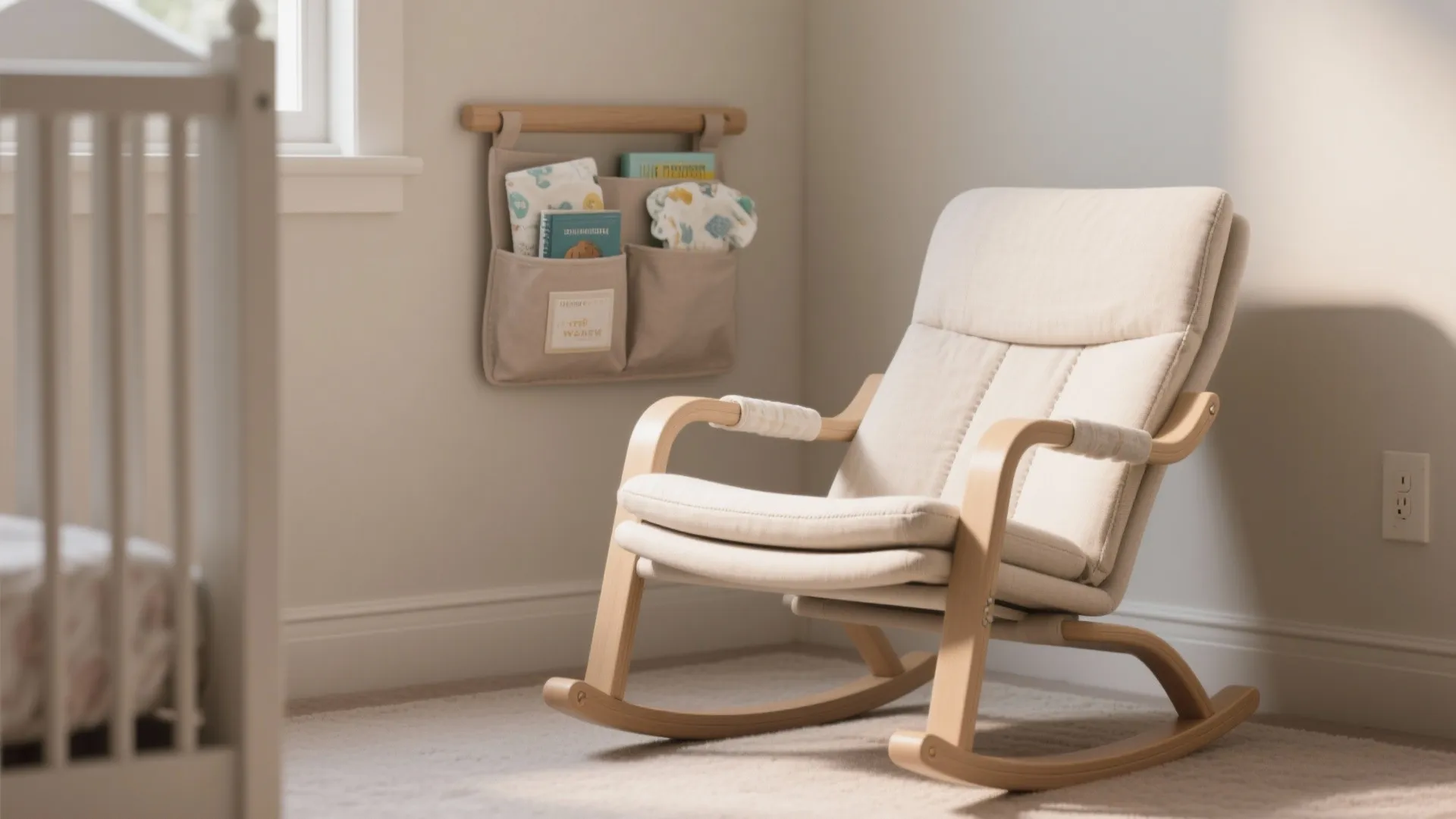 Slim glider with narrow arms in a compact nursery corner, shown with a wall-mounted pocket organizer.