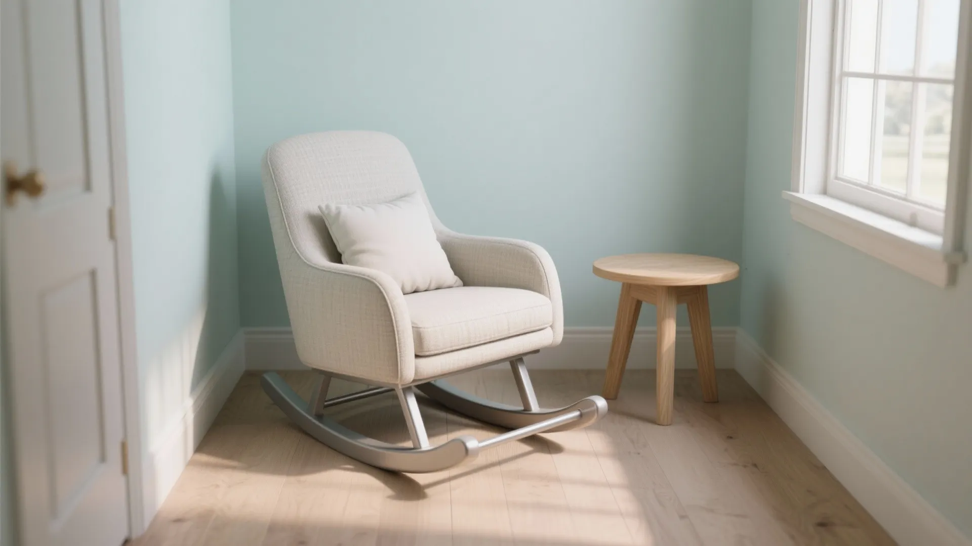 Modern light gray rocking chair with white pillow next to small wooden table in corner