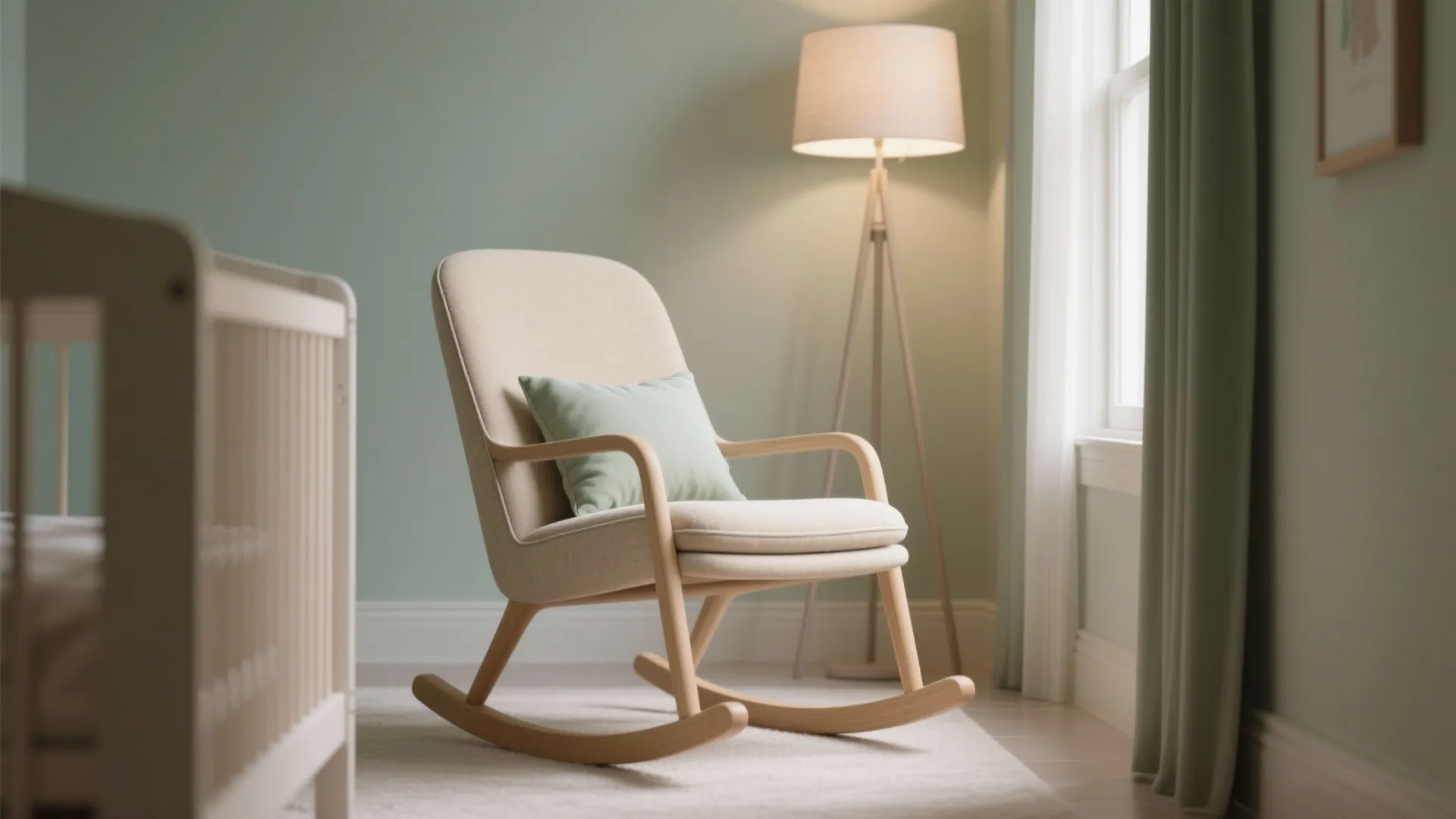 Modern rocking chair with green pillow placed near white crib floor lamp and green curtains