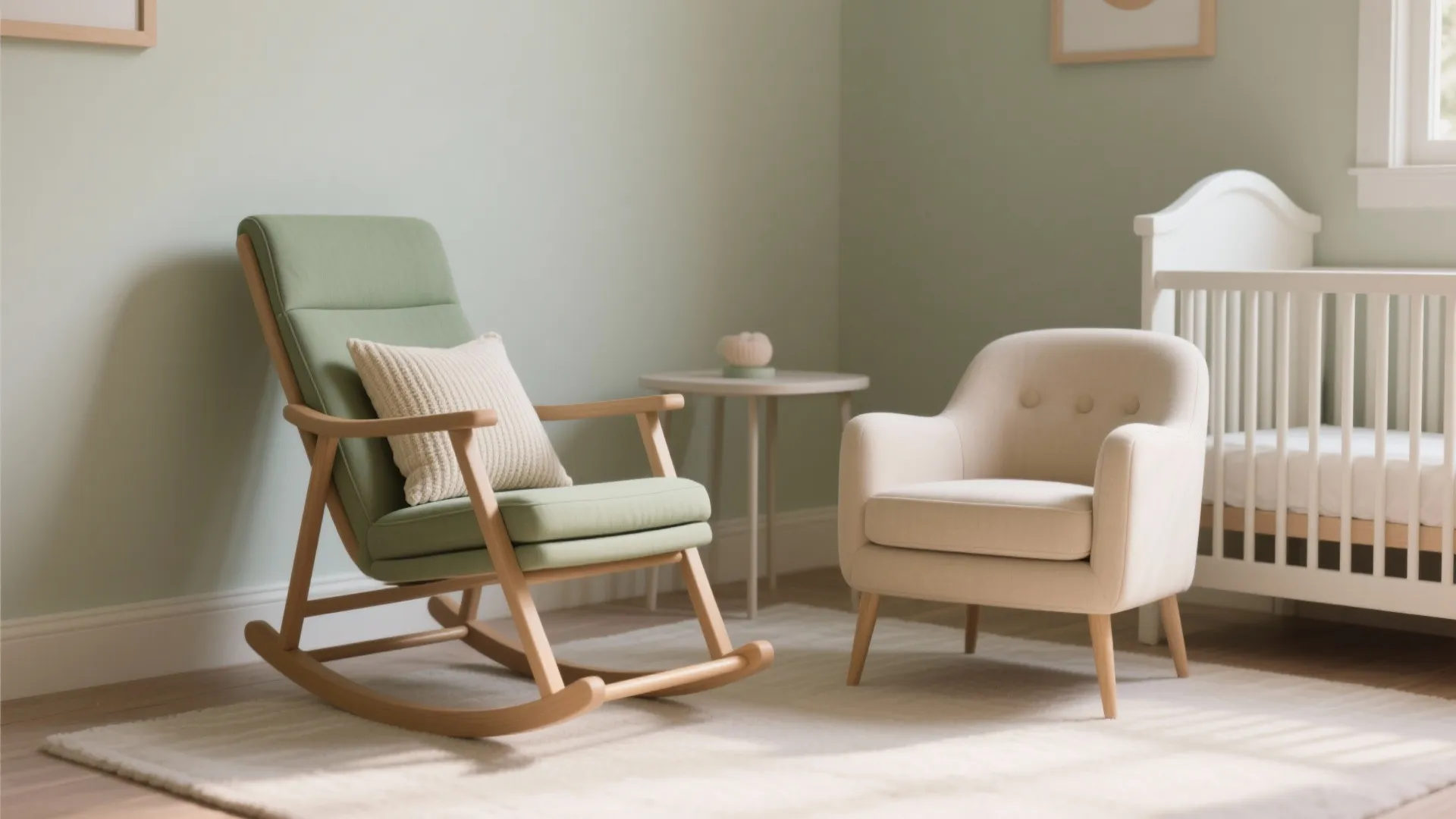 Green rocking chair and cream sofa chair in a nursery room with white wooden crib
