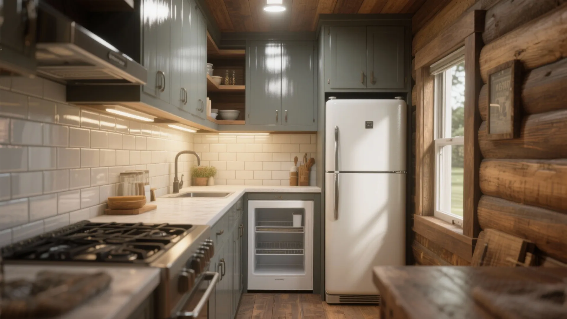 3. Slim cabinetry and reflective surfaces