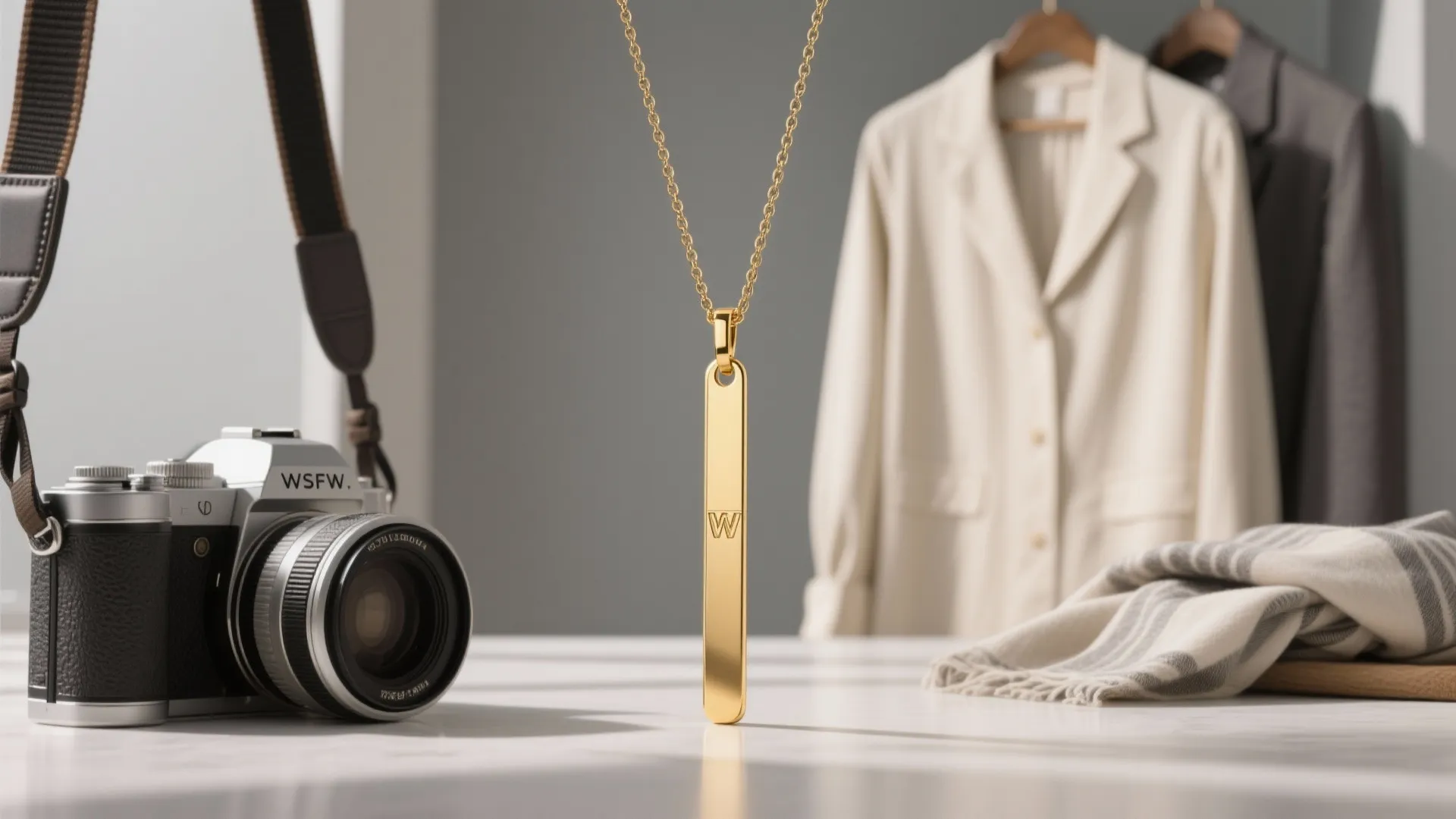 Wide-angle view of a slim vertical gold bar pendant styled with neutral wardrobe elements.