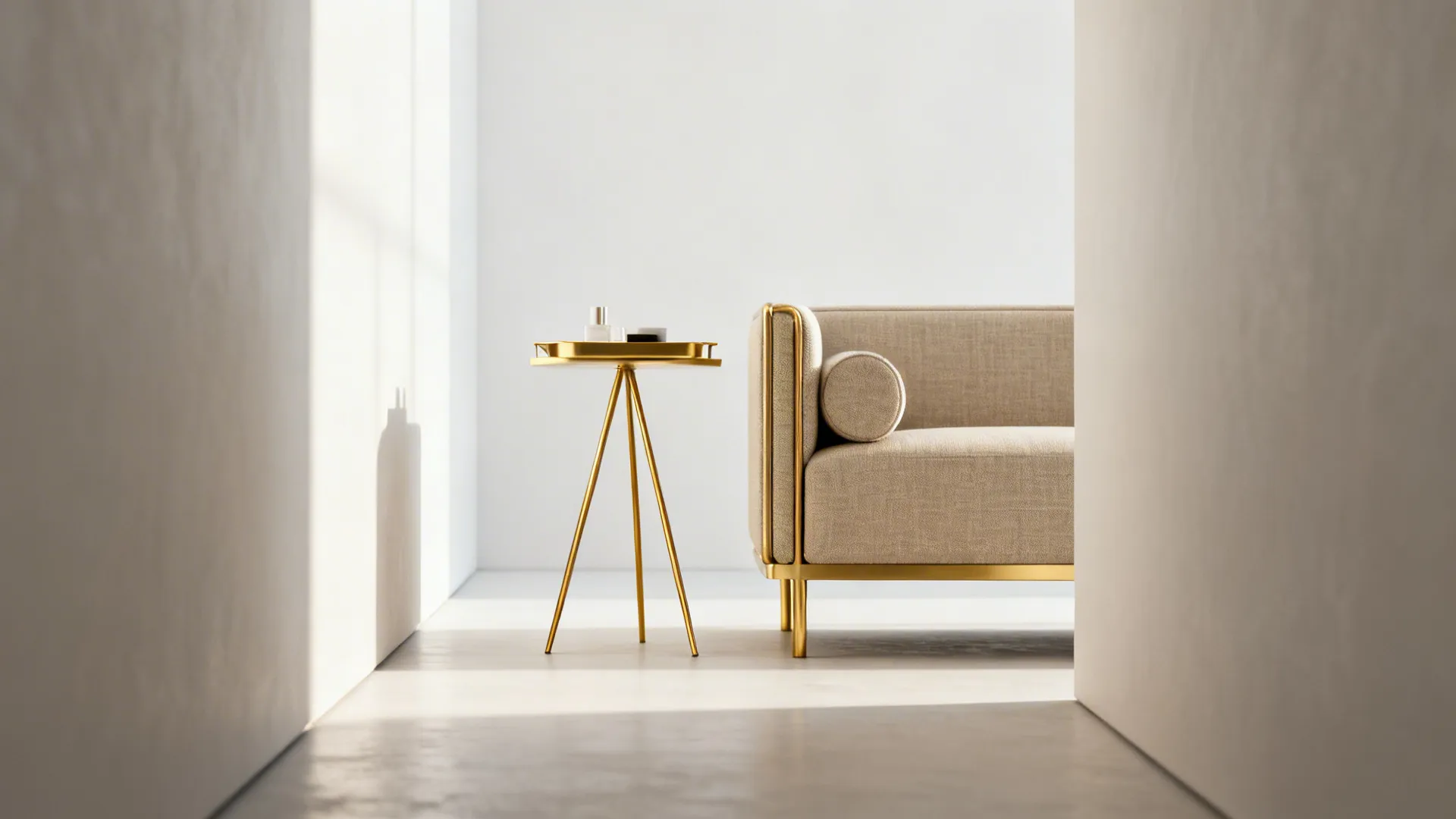 Narrow living room walkway with a slim matte-gold tripod end table and a small tray.