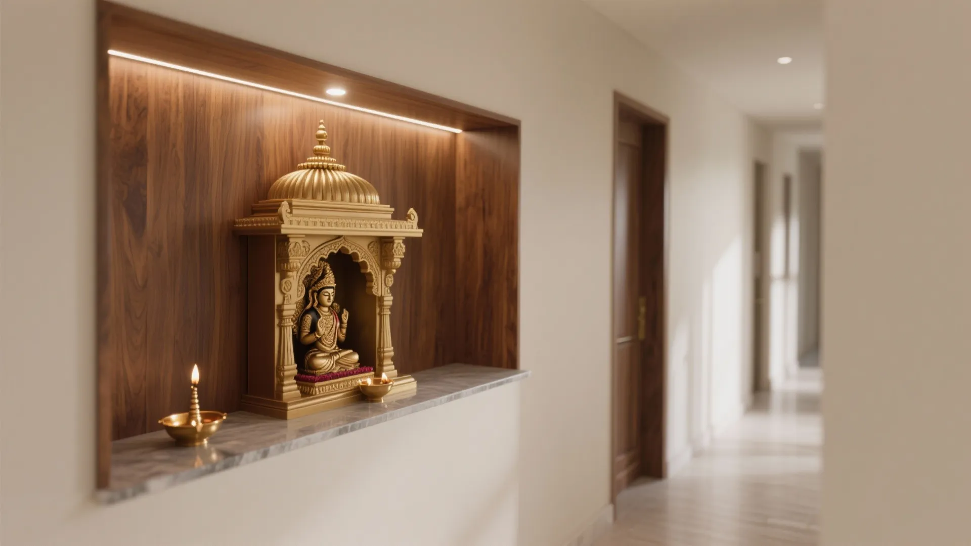 A gold statue placed inside a wall niche with wood panel and small oil lamps