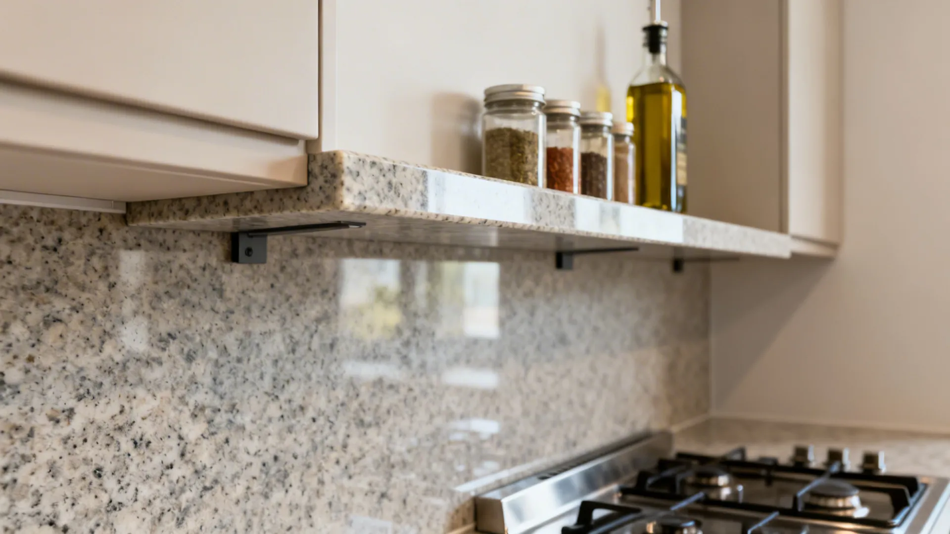Macro view of a 20 mm slim granite shelf above a low backsplash holding spices in a compact kitchen.