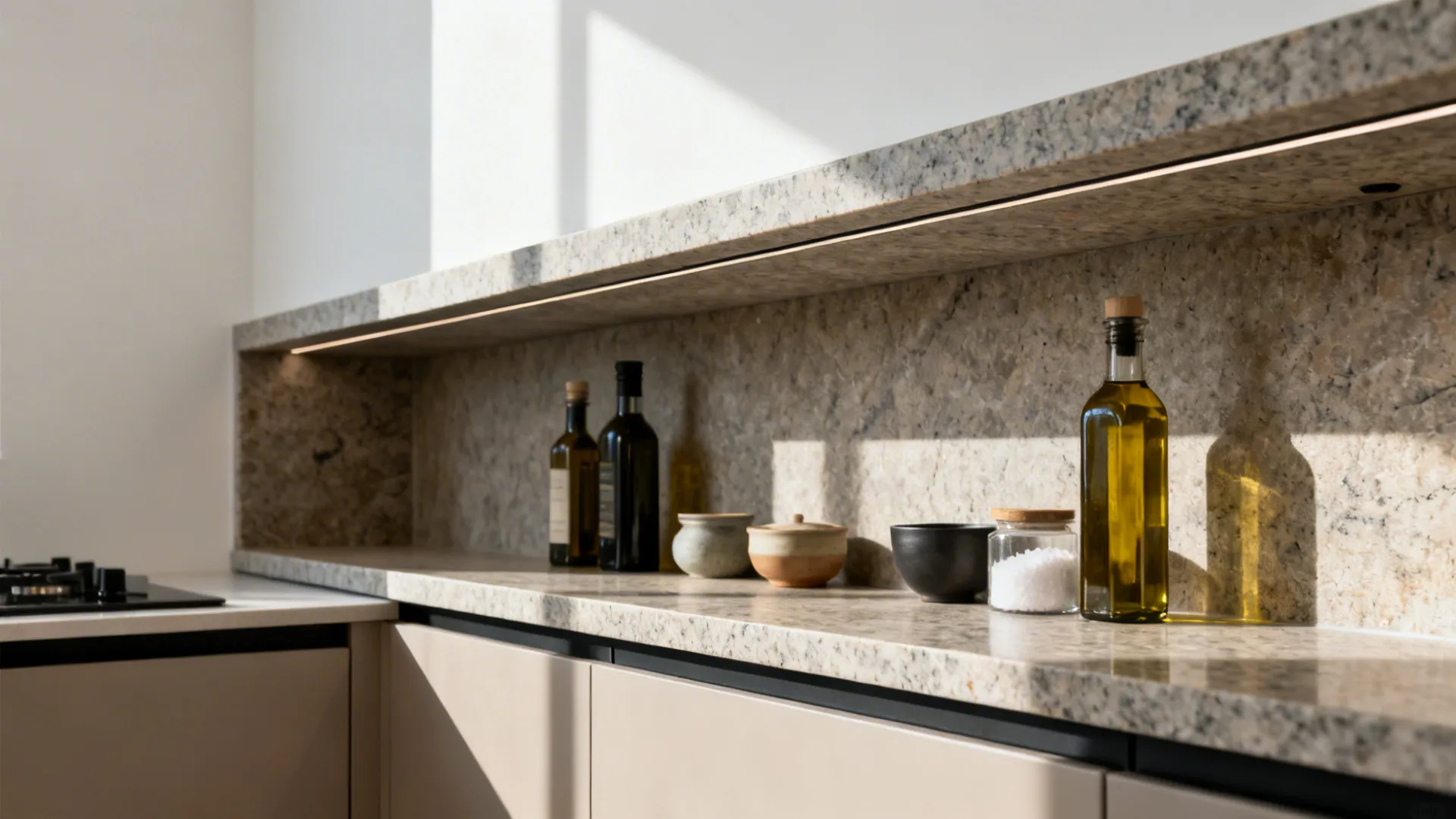 A thin honed granite floating shelf above a continuous stone backsplash holds oils and small crockery.
