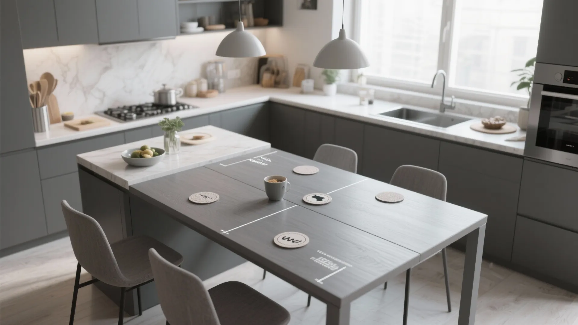 Modern kitchen with grey cabinets white marble counters grey dining table and three matching chairs