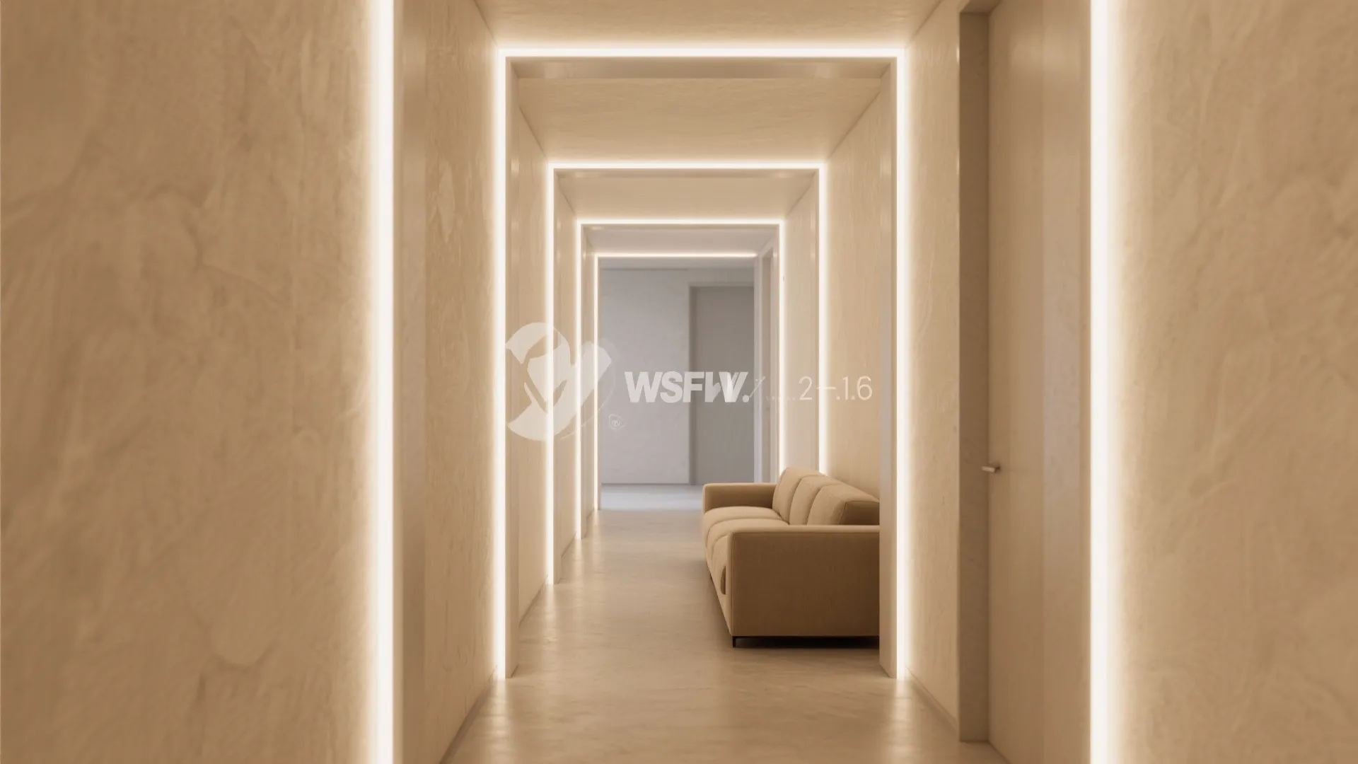 Modern hallway with warm glowing recessed light strips on walls and a beige sofa interior